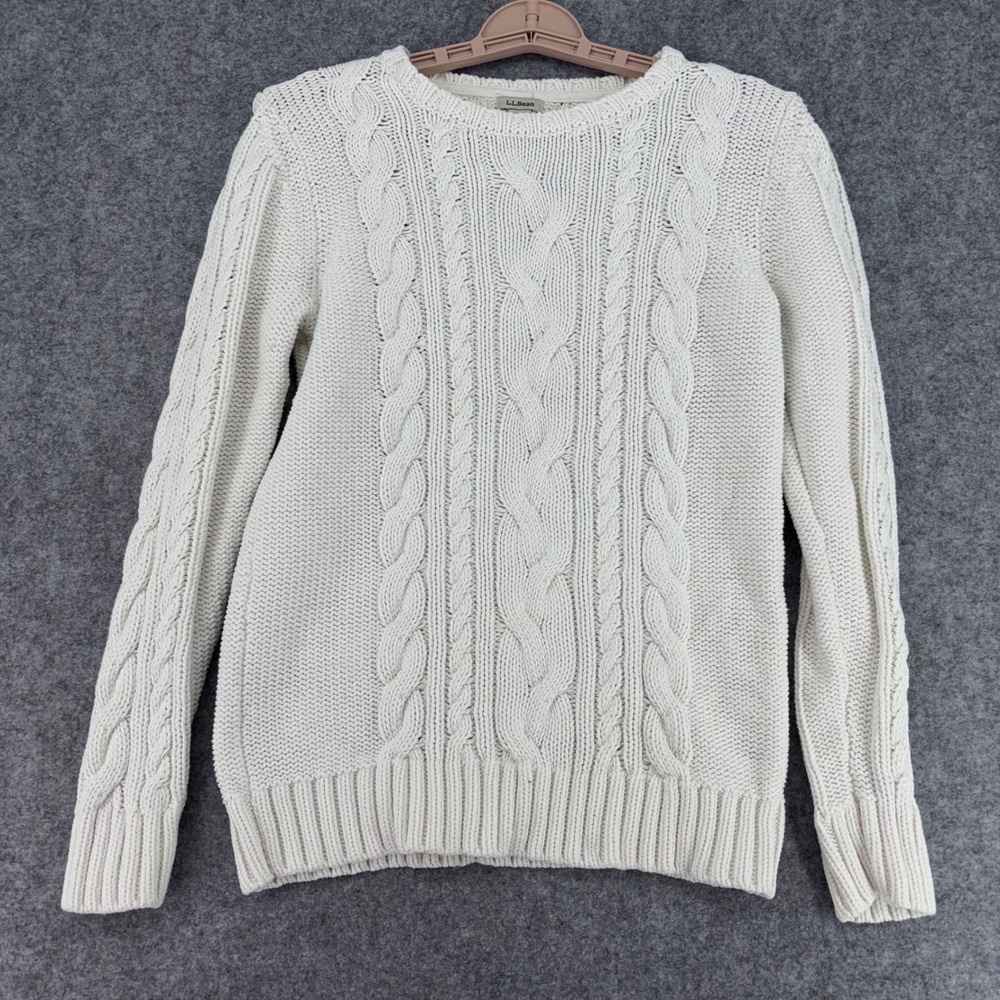LL Bean Womens Cream Cable Knit Cotton Sweater 517898 White Medium M